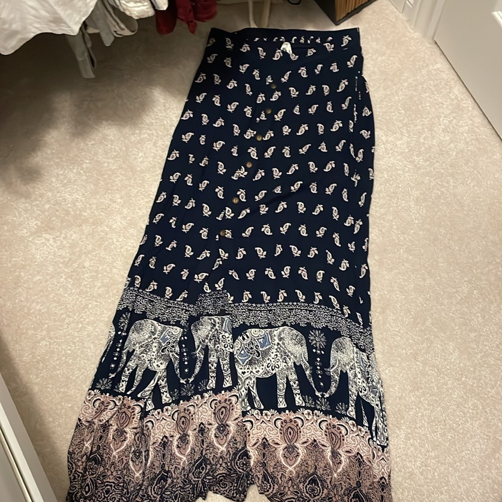 Elephant Print Maxi Skirt - Navy and White